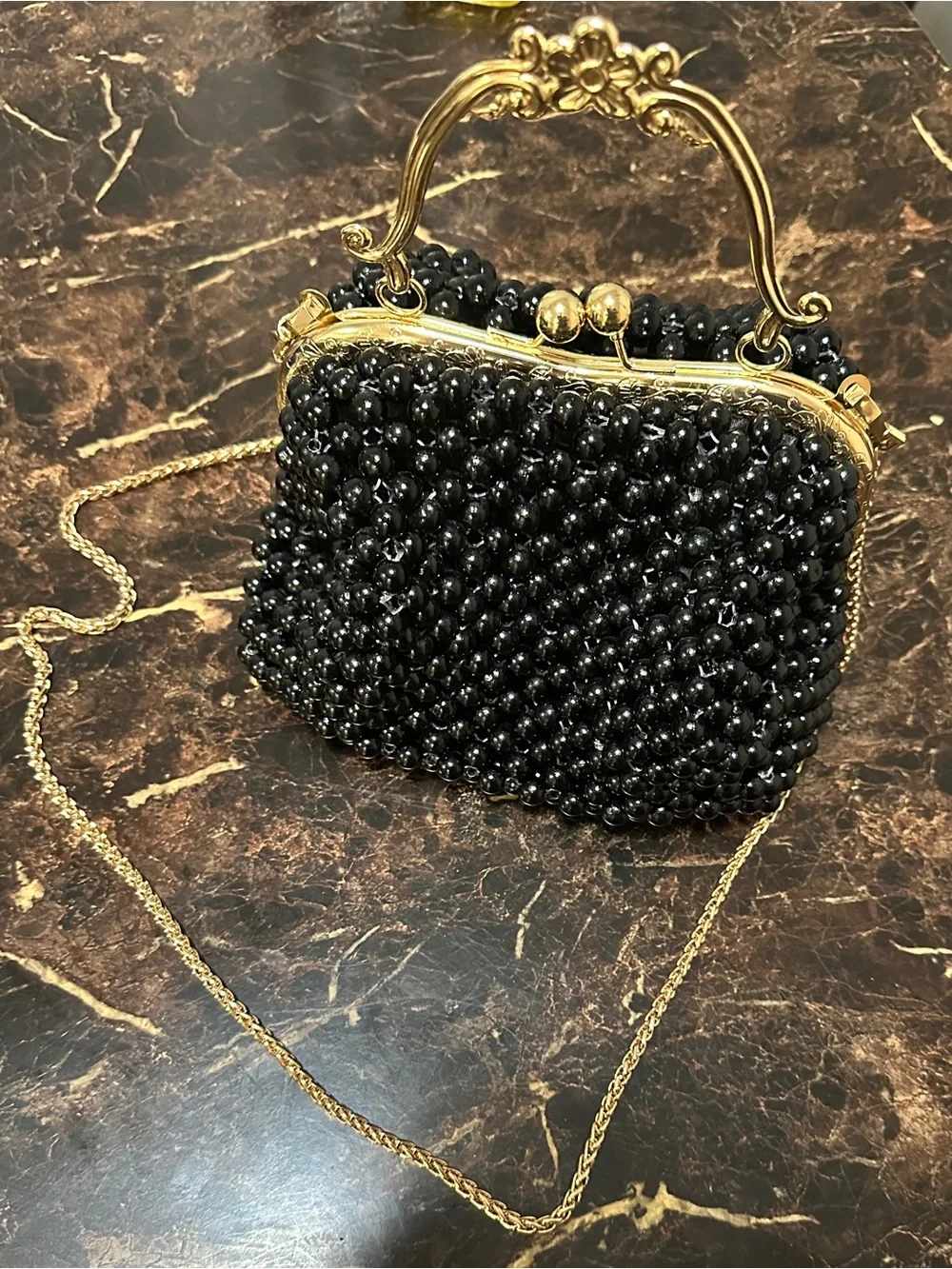Gold-Trim Black Beaded Evening Clutch with Chain Strap